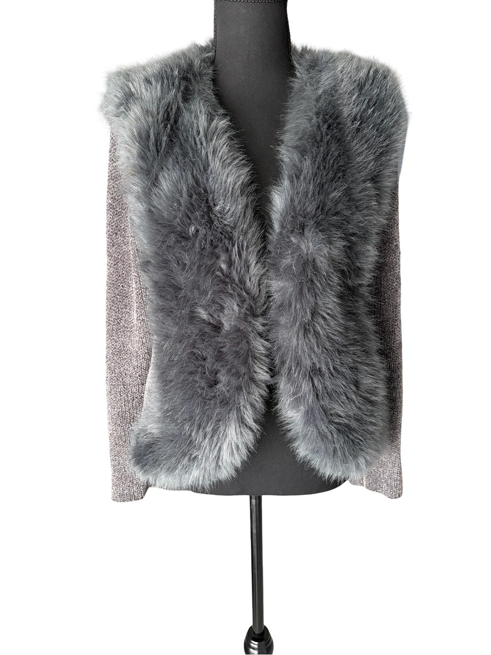 Lisa international Gray Faux Fur Trim Knit Sweater